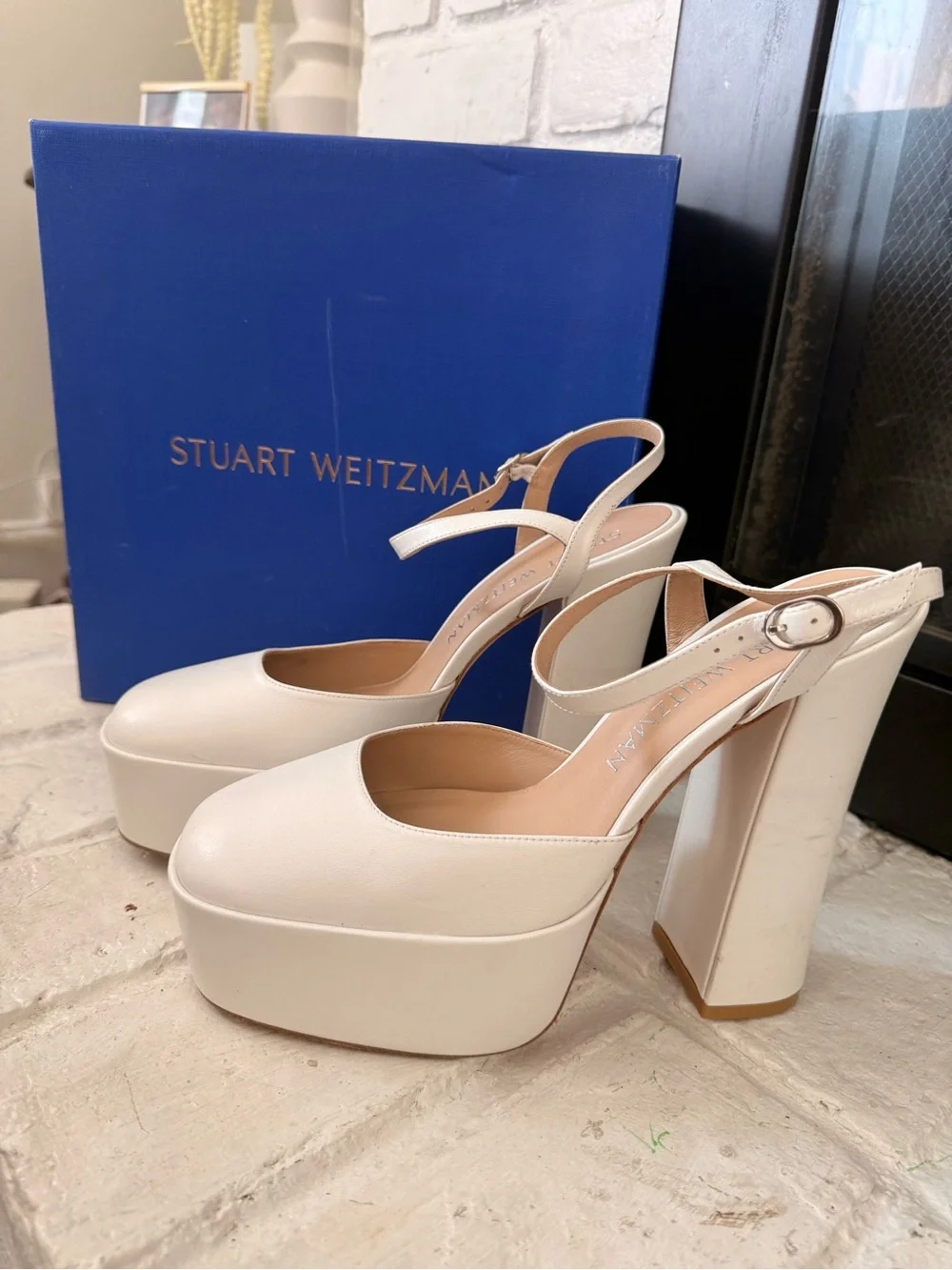 Stuart Weitzman Cream Platform Block Heel Sandals